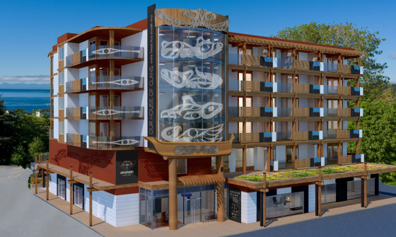Rendering of 6 storey building. Many indigenous styled glass art pieces mounted on the outside. a grassy balcony  stands out on the second floor.
